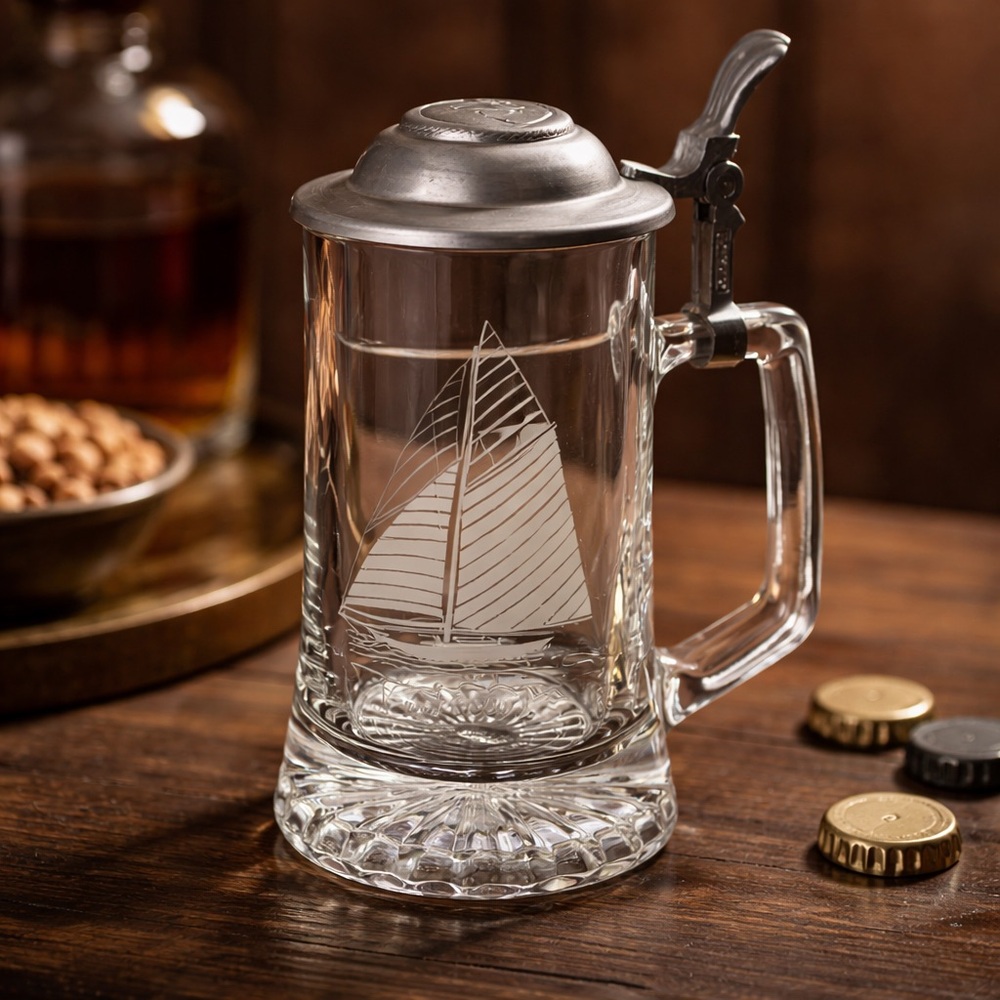 Vintage Old Spice Ship Columbia 1901 Glass Beer Stein w/ Pewter Lid 1980s